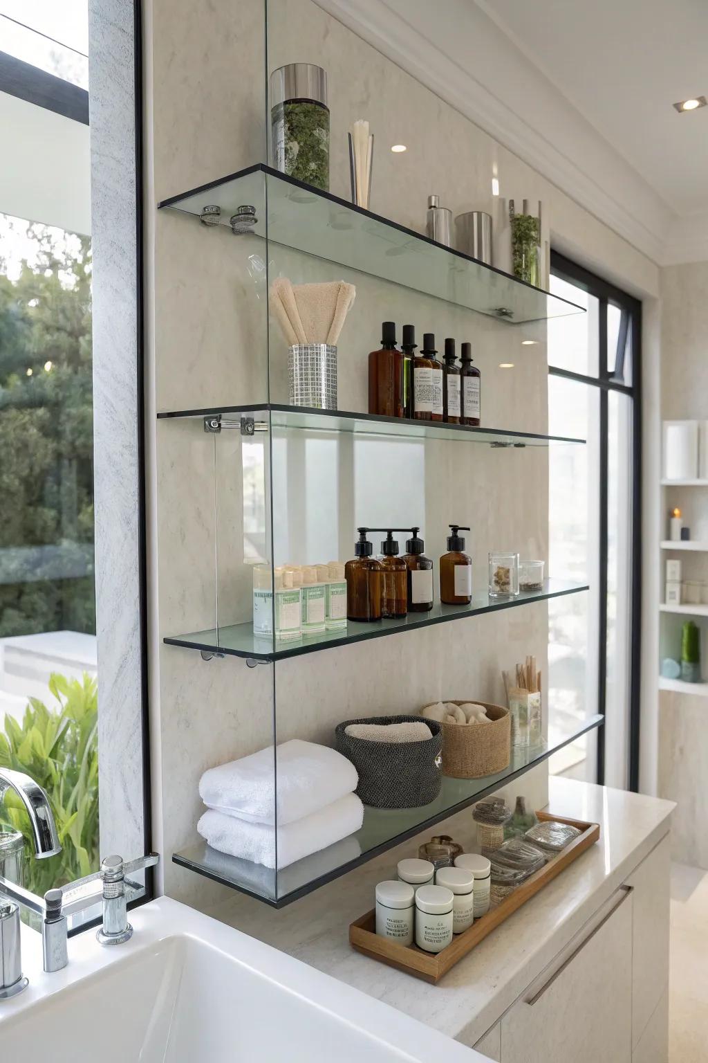 Floating glass shelves offer a minimalist and sophisticated storage solution.