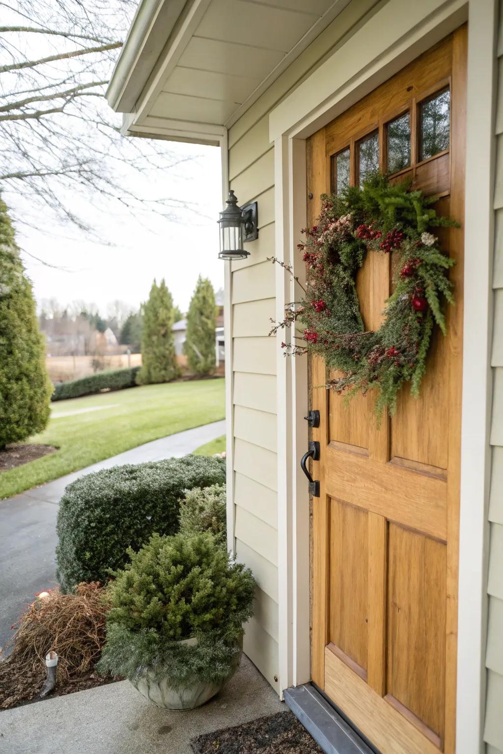 A side door enhanced with a stunning seasonal wreath.