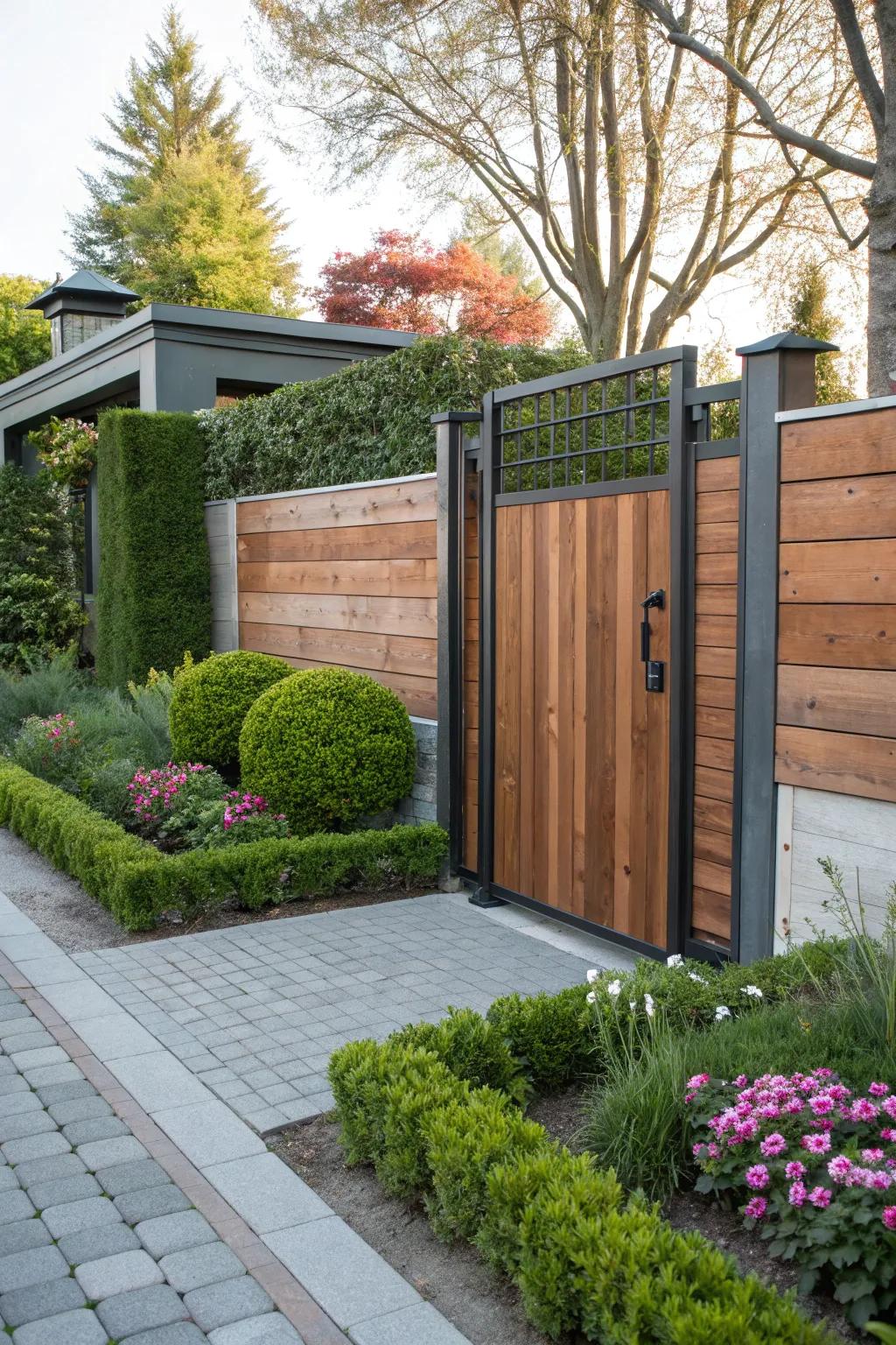 A side gate exquisitely merging timber and steel for a streamlined appearance.