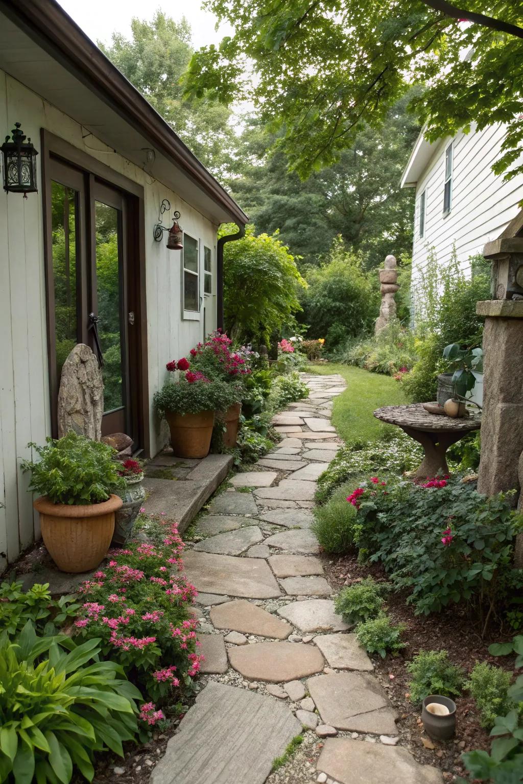 Craft a captivating journey through your side yard with a stone-paved path.