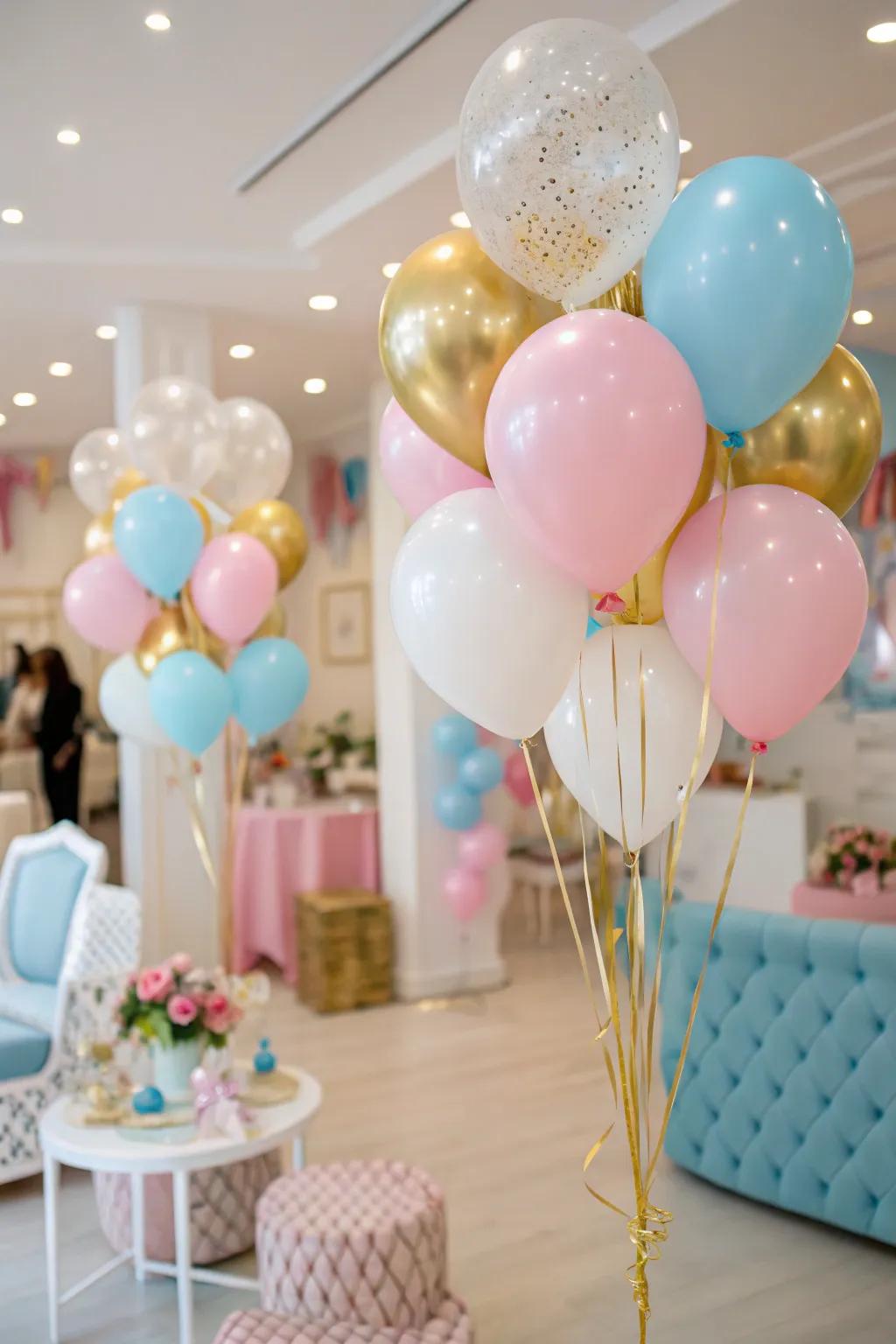 A room decorated with vibrant balloons, creating a perfect scene for a baby's welcome.