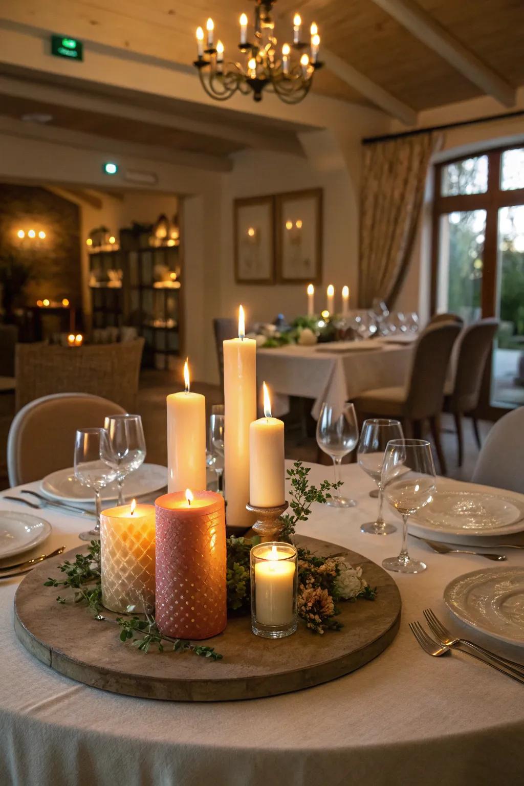 A collection of candles at varying heights for a warm and welcoming table centerpiece.