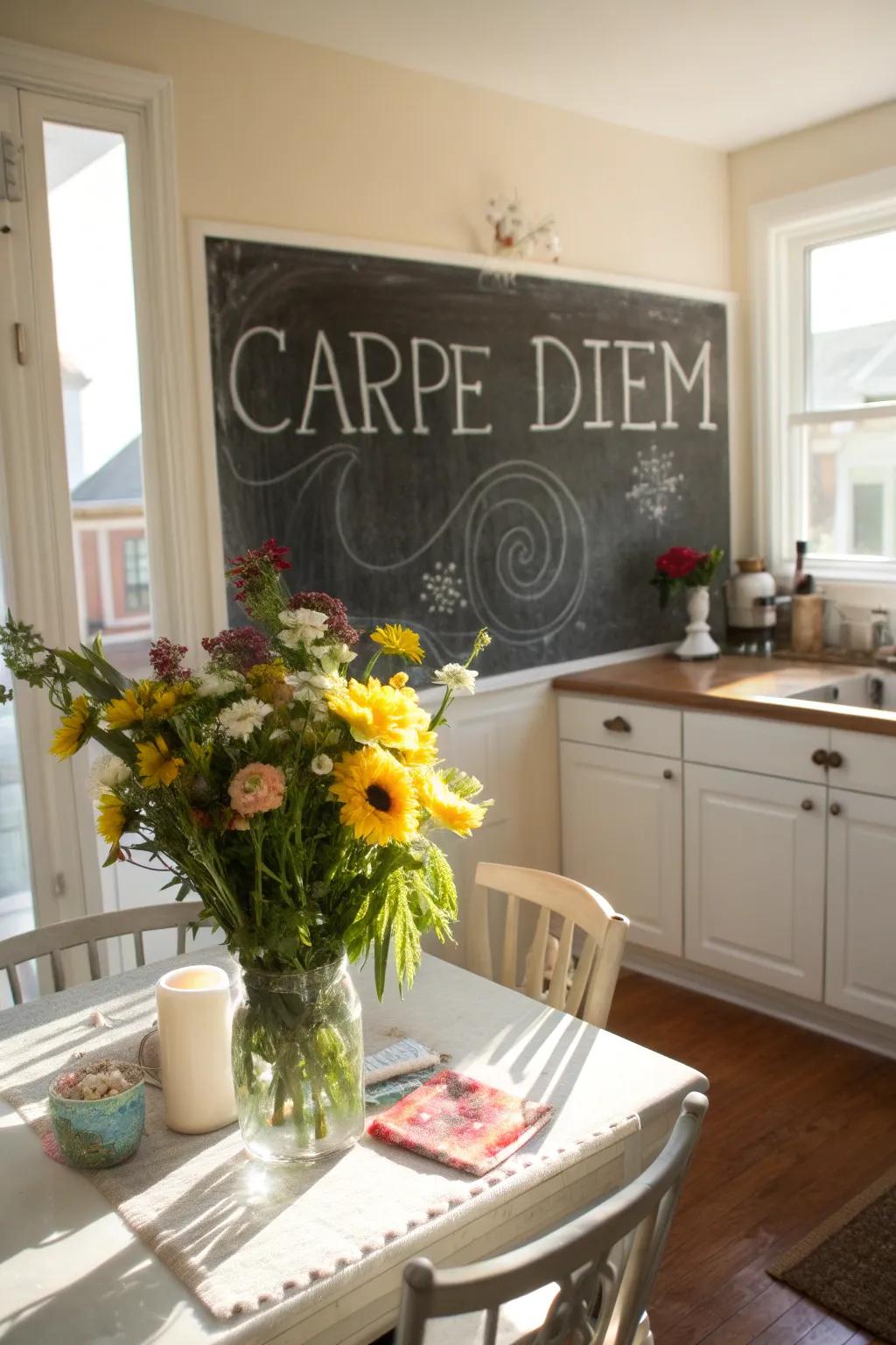 A kitchen adorned with a chalkboard wall showcasing the empowering phrase 'Carpe Diem'.