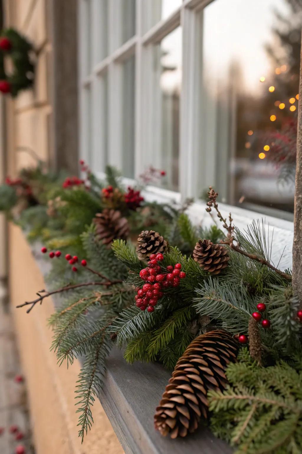 Welcome the allure of the great outdoors with an evergreen branch windowscape.