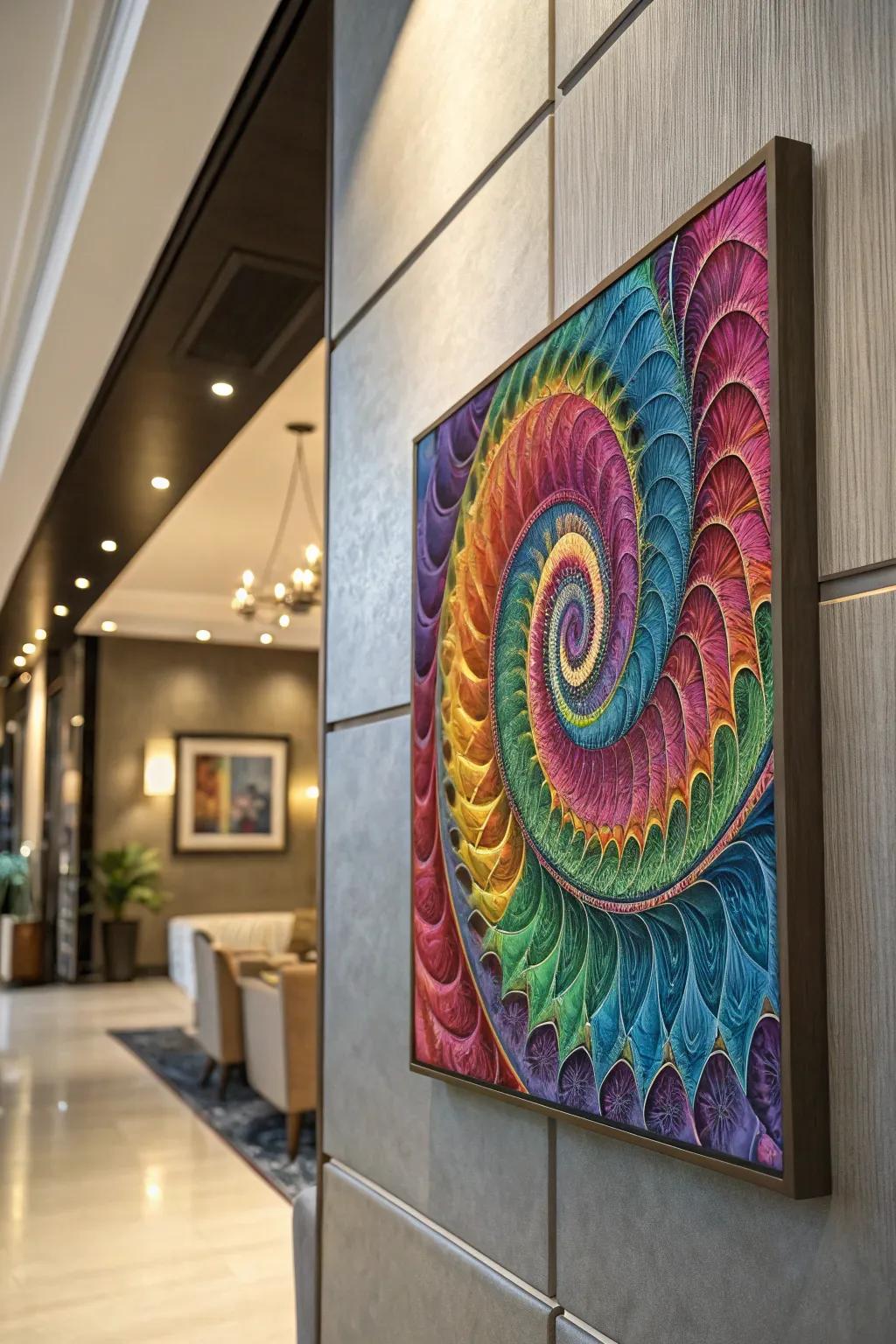 A vibrant twisting fractal painting introduces dimension and motion to the décor.