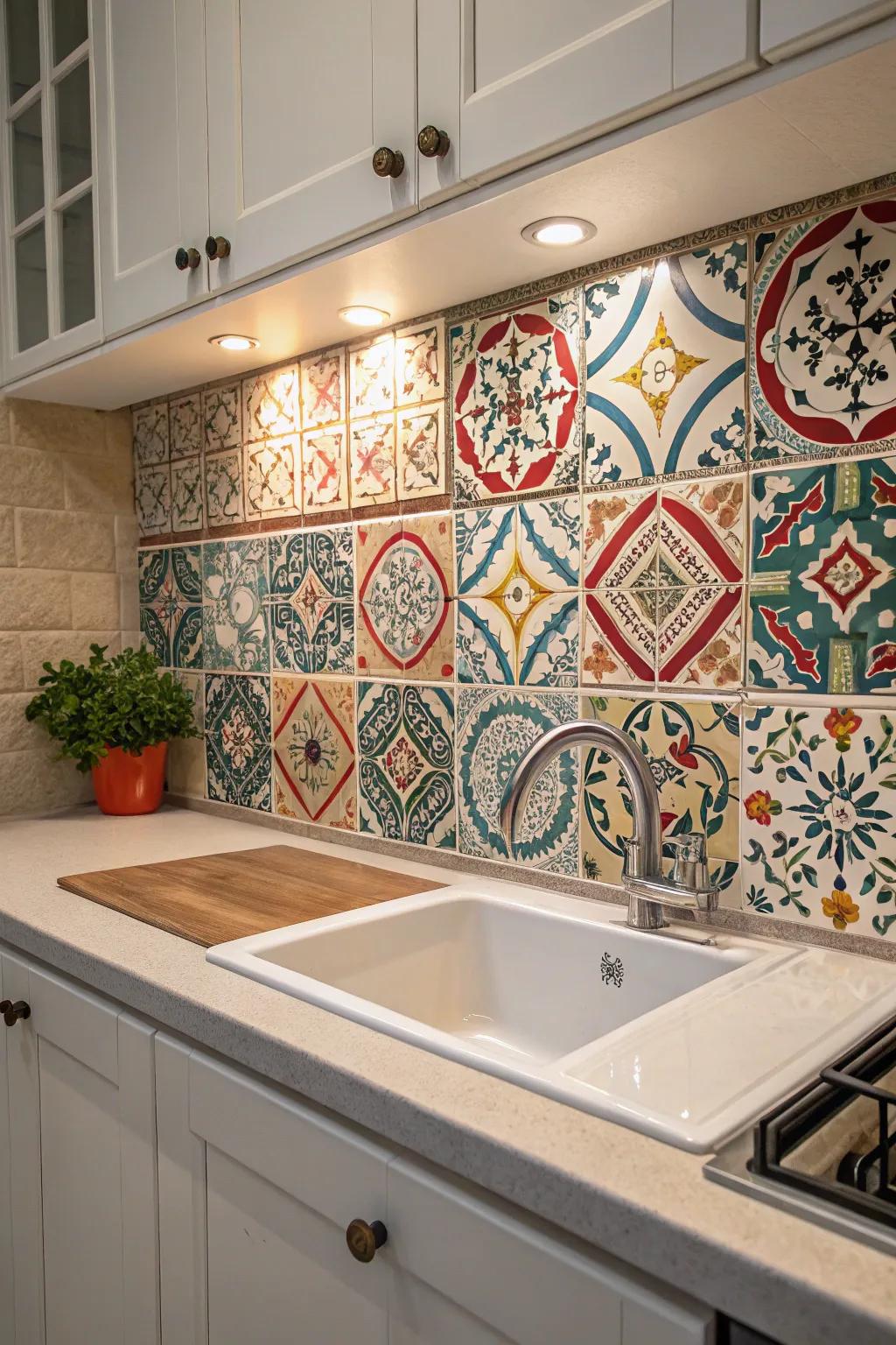 A lively backsplash featuring detailed ornamental tiles contributes personality to the kitchen.