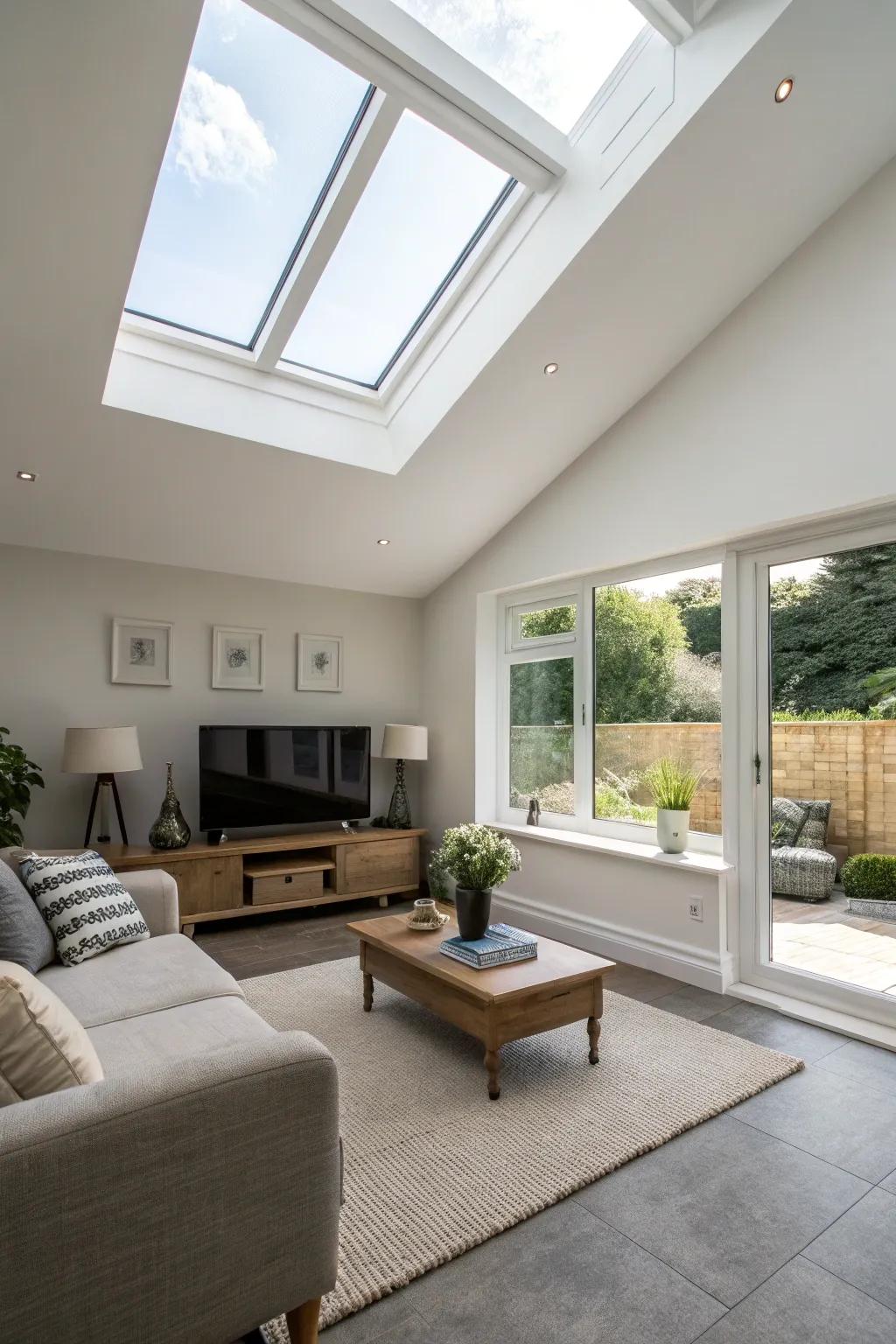 A minimalist living room where the skylight is framed with a sleek, simple trim.