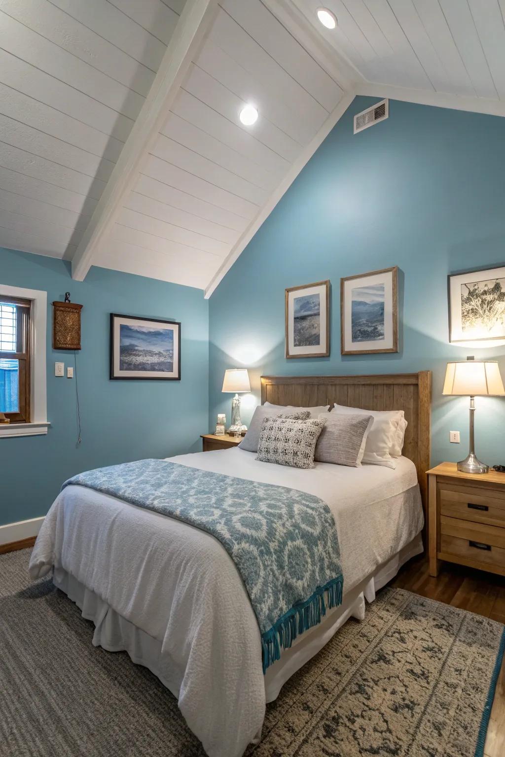 With its uniform color palette, this bedroom with a slanted ceiling has an expansive and peaceful atmosphere.