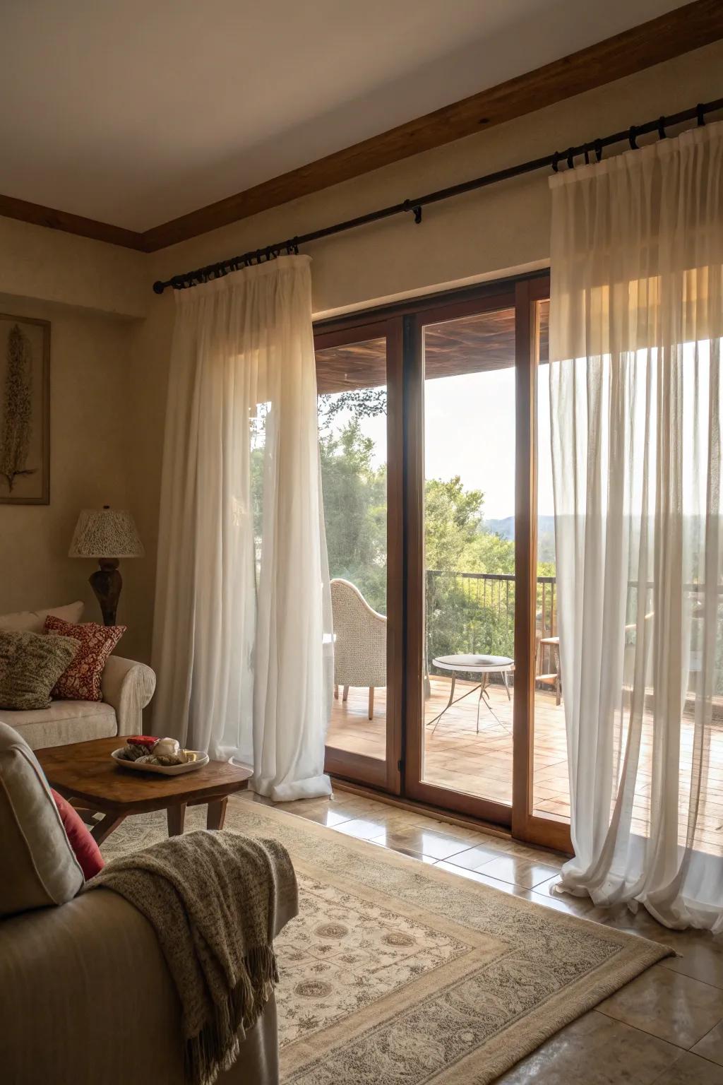 Airy drapes softly diffuse light, safeguarding privacy.