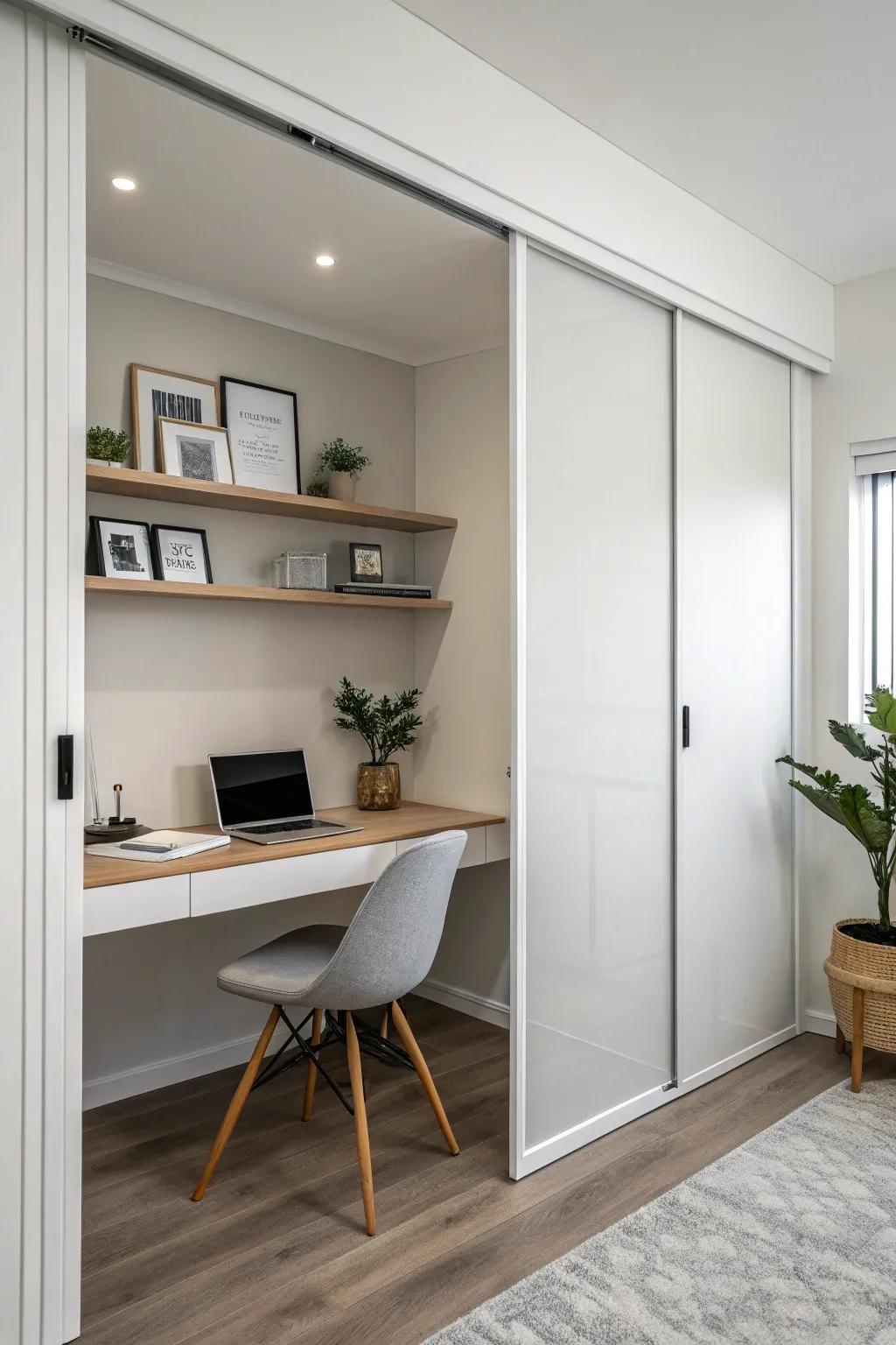 This minimalist sliding door enhances the clean aesthetic of a home office.