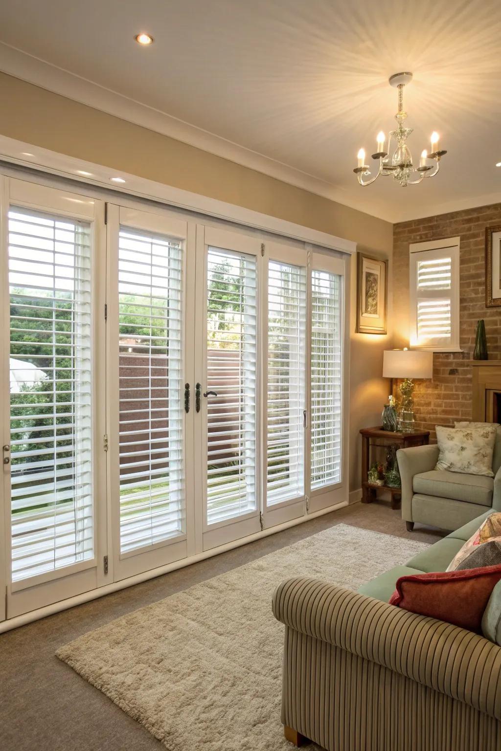 Classic shutter style window coverings lend grace to any setting.