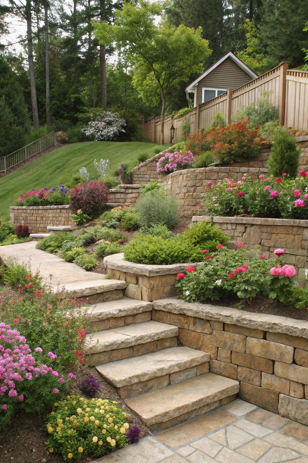 Terraced platforms fashion distinctive garden zones on a gradient.