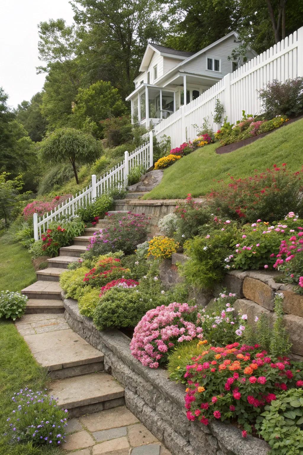 Stepped landscaping creates a vibrant and functional sloped front garden.