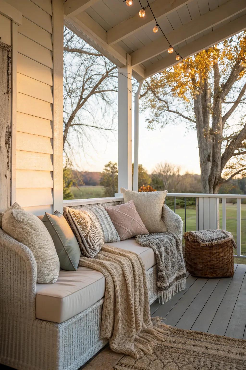 A welcoming seating space on a compact back porch featuring attractive cushions and throws.