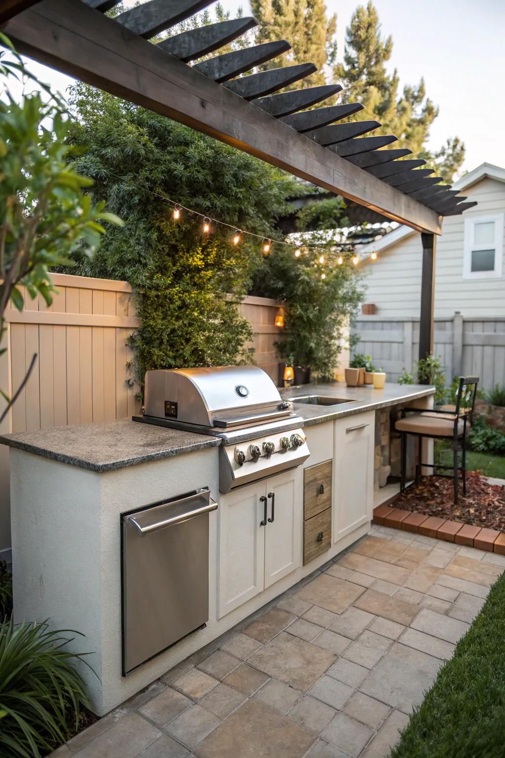 A streamlined outdoor cooking station showcasing a built-in grill and elegant counter.