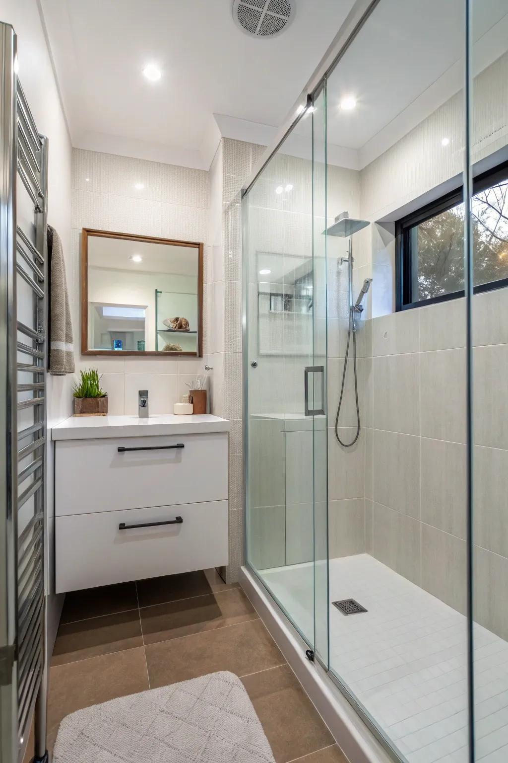 An open shower with transparent walls can visually expand a small bathroom.