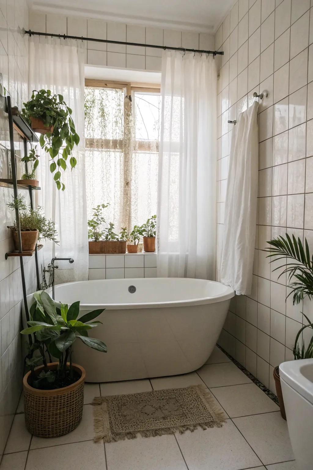 A small freestanding tub gives a sense of class to a small bathroom.