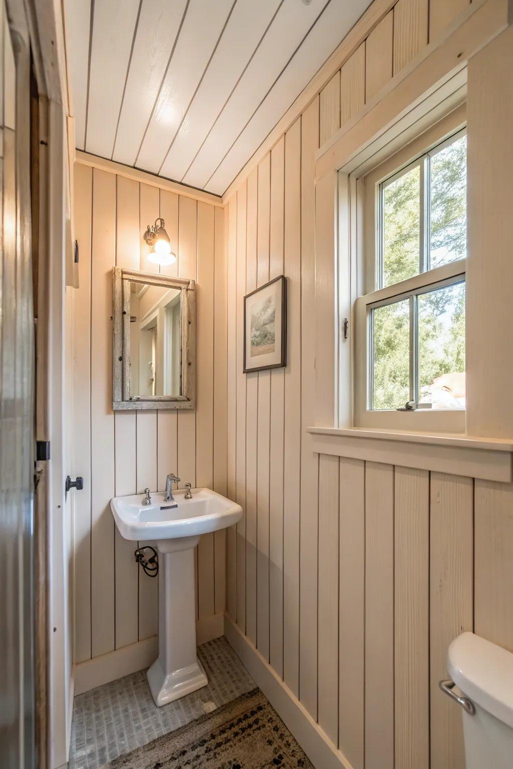 Vertical groove paneling in a small bathroom, crafting an illusion of added height and openness.