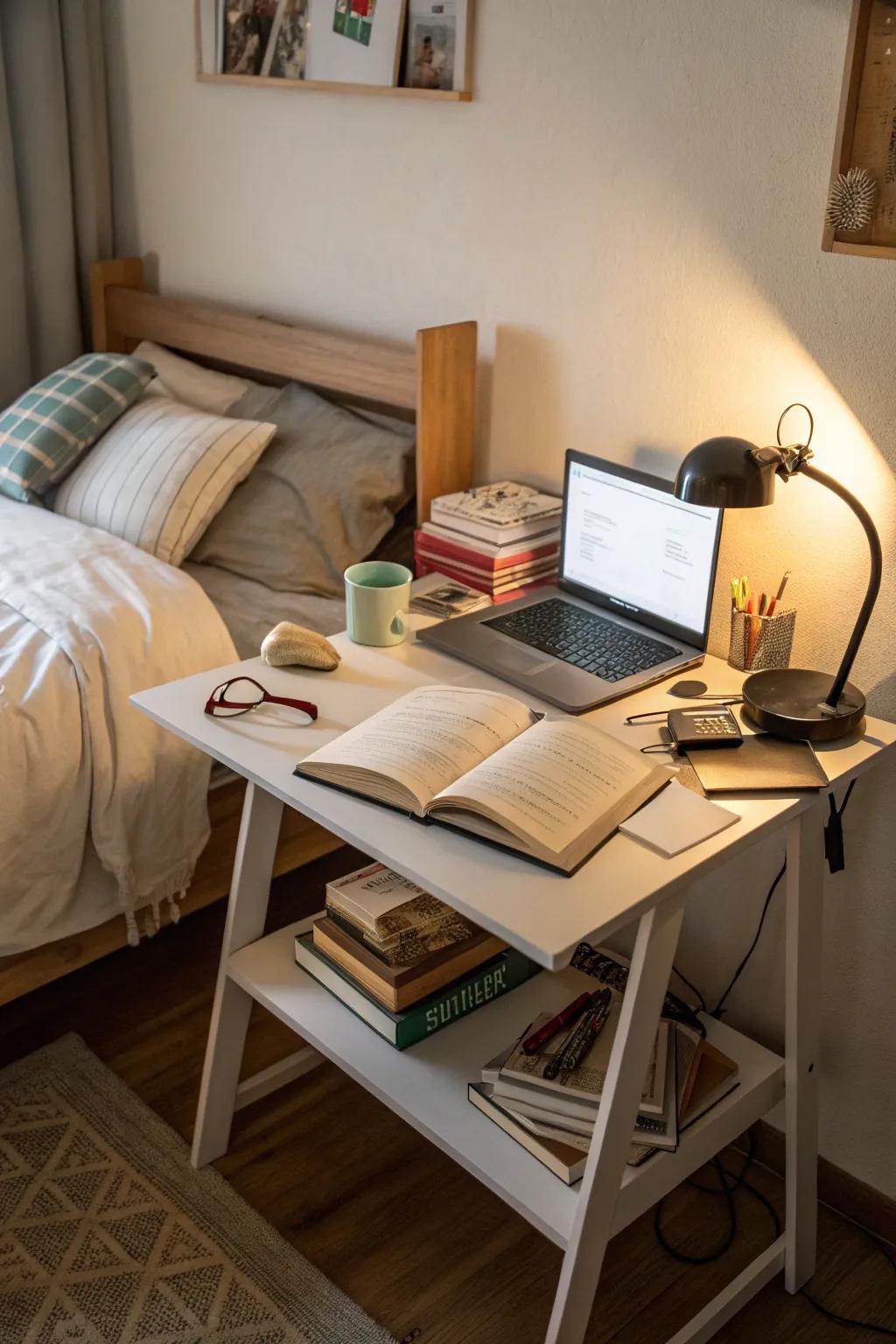 Clever employment of multi-purpose furniture in a limited bedroom office.
