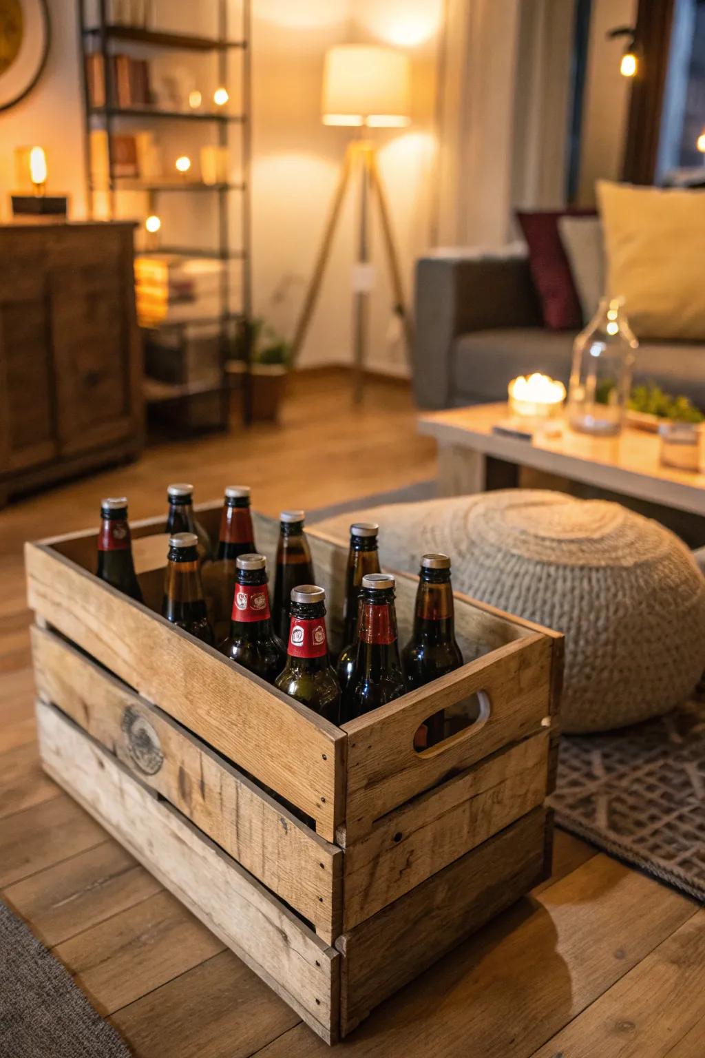 Rustic timber box display showcasing craft beers.