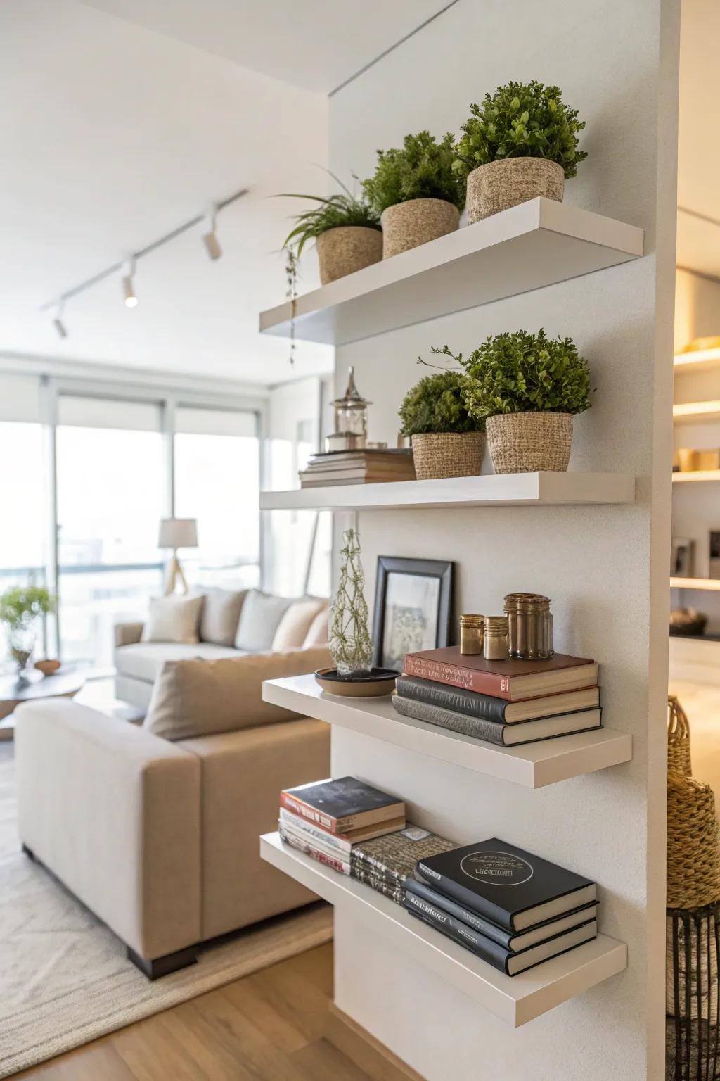 Elevated shelves deliver storage without occupying valuable floor area.