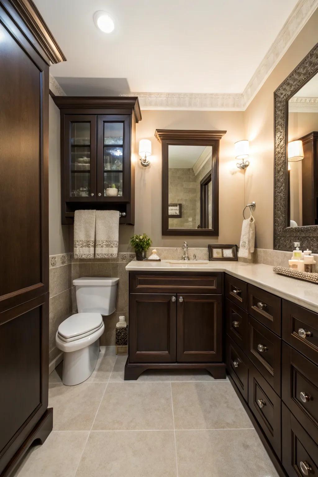 Dark brown cabinetry infuses a small bathroom with sophistication.