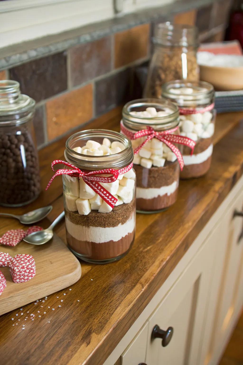 Delicious handcrafted hot chocolate mix nestled inside a decorative jar.