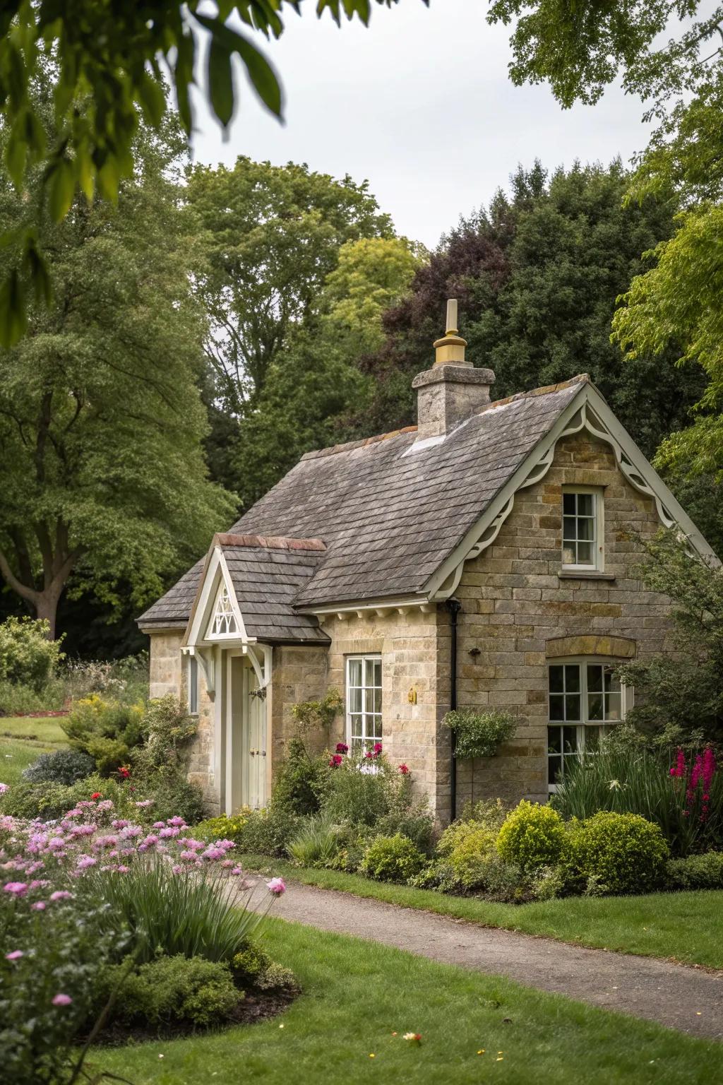 A quaint stone cottage embraced by abundant greenery.
