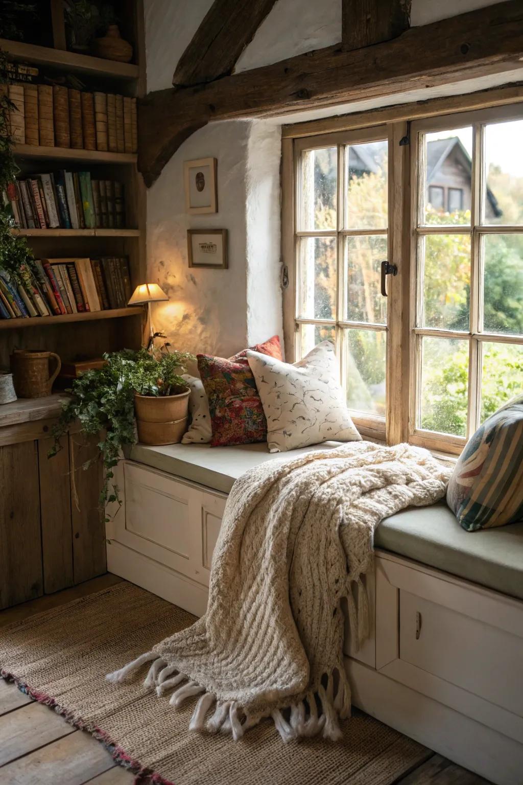 A snug reading nook perfect for relaxation in a small cottage.