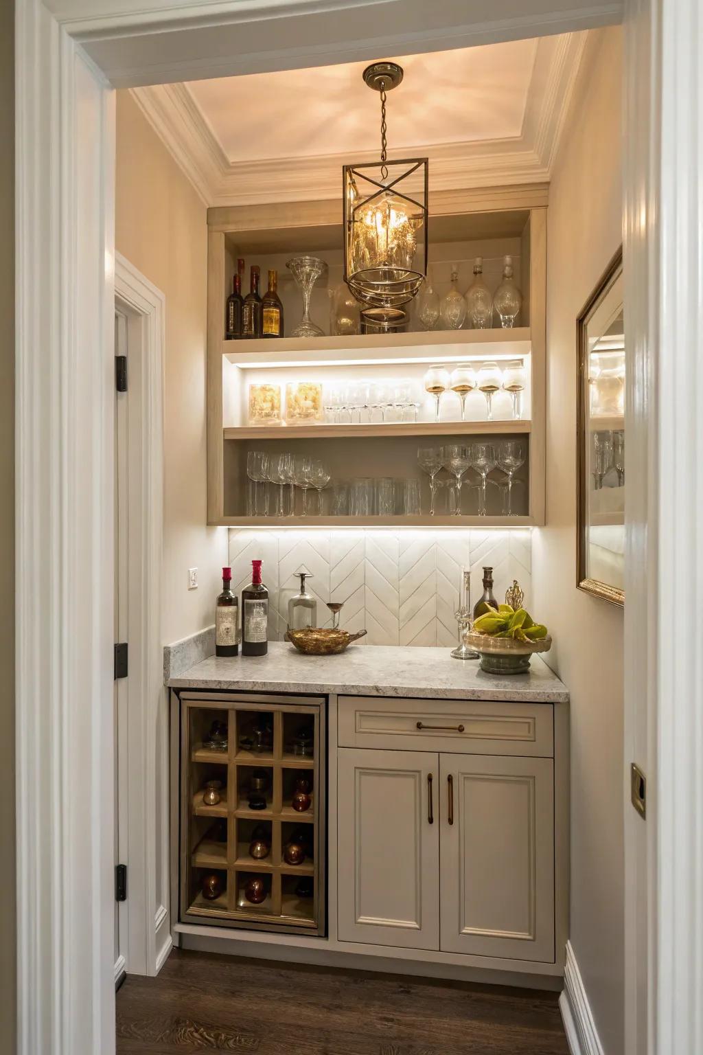 A closet turned into a stylish mini-bar.