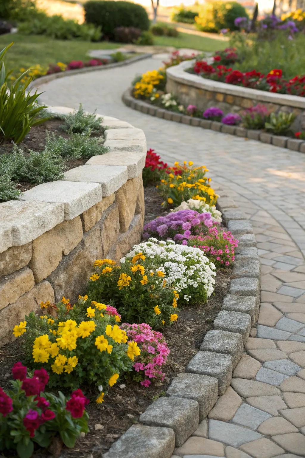 A captivating compact flower garden showcasing graceful curved stone borders brimming with lively blossoms.