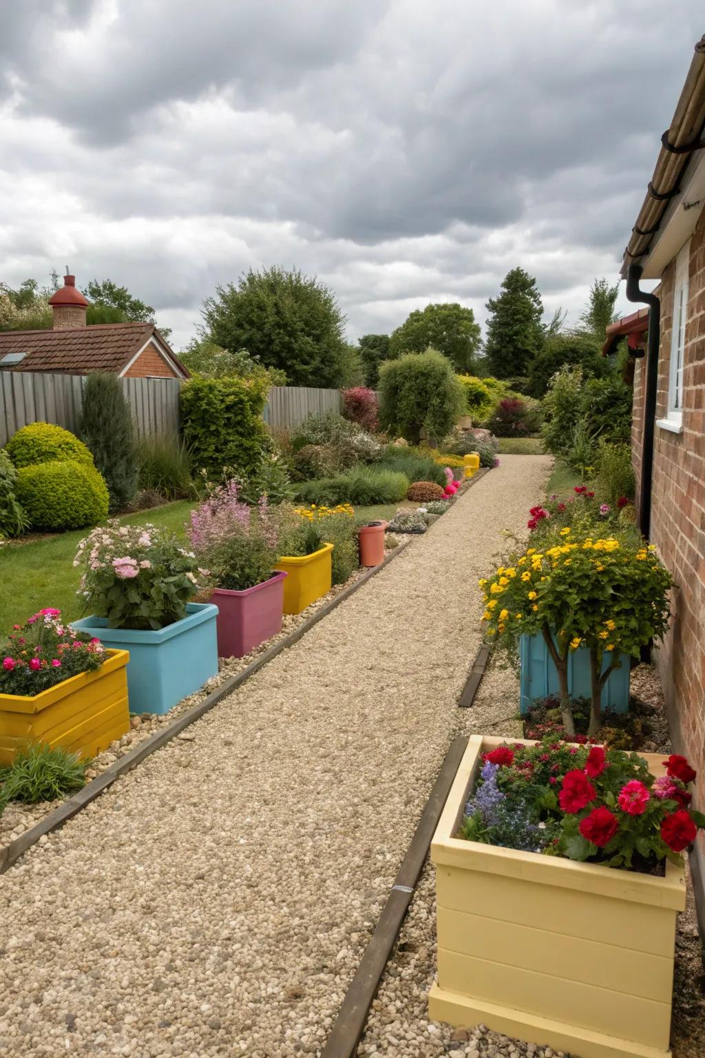 A sleek small front garden featuring gravel walkways and dynamic flowerpots.