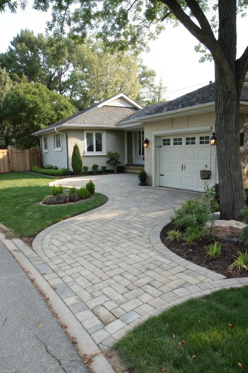 A paved driveway imparts sophistication and purpose to a modest front yard.