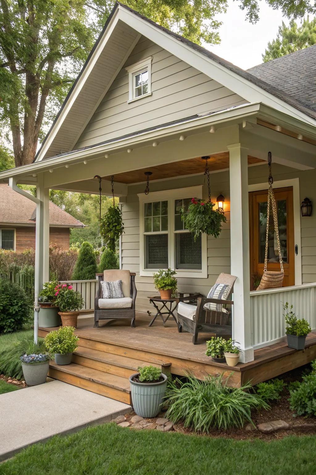 A petite front porch can extend a hearty welcome and act as a serene retreat.