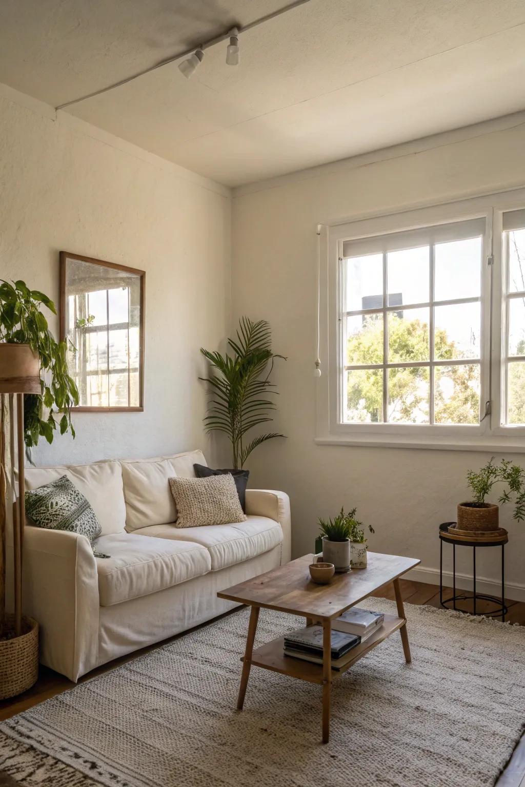 A small living room showcasing soft white walls, crafting an expansive feel.