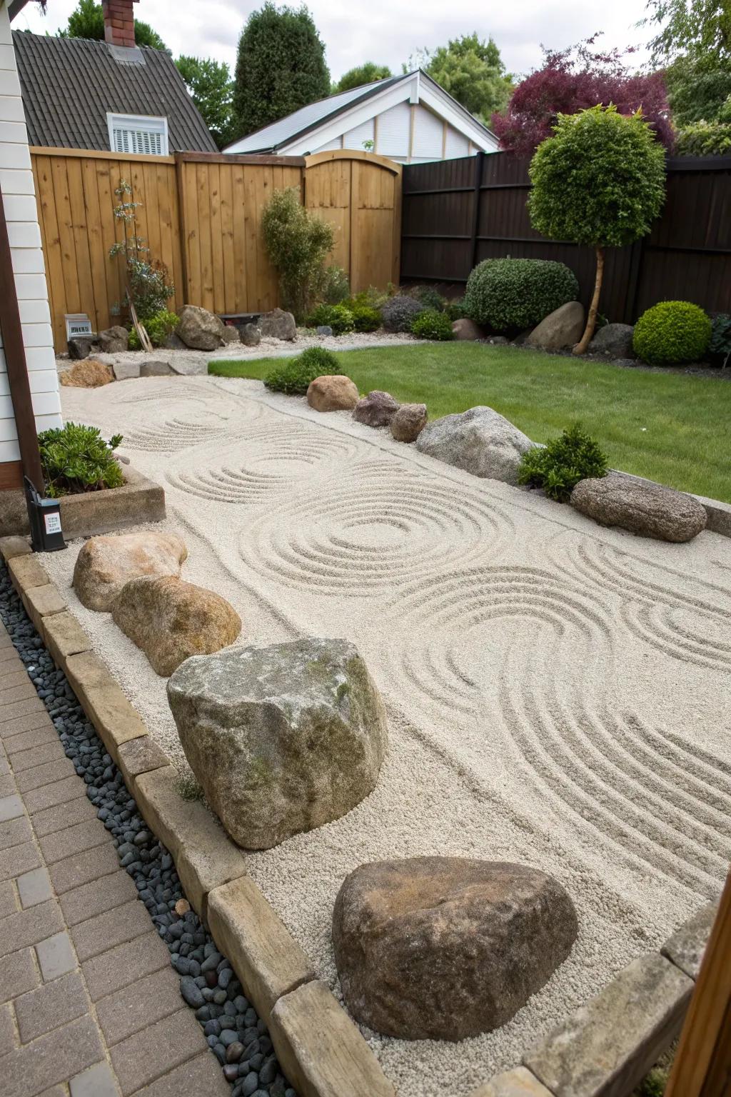 A miniature Zen sand garden providing a peaceful area for contemplation.
