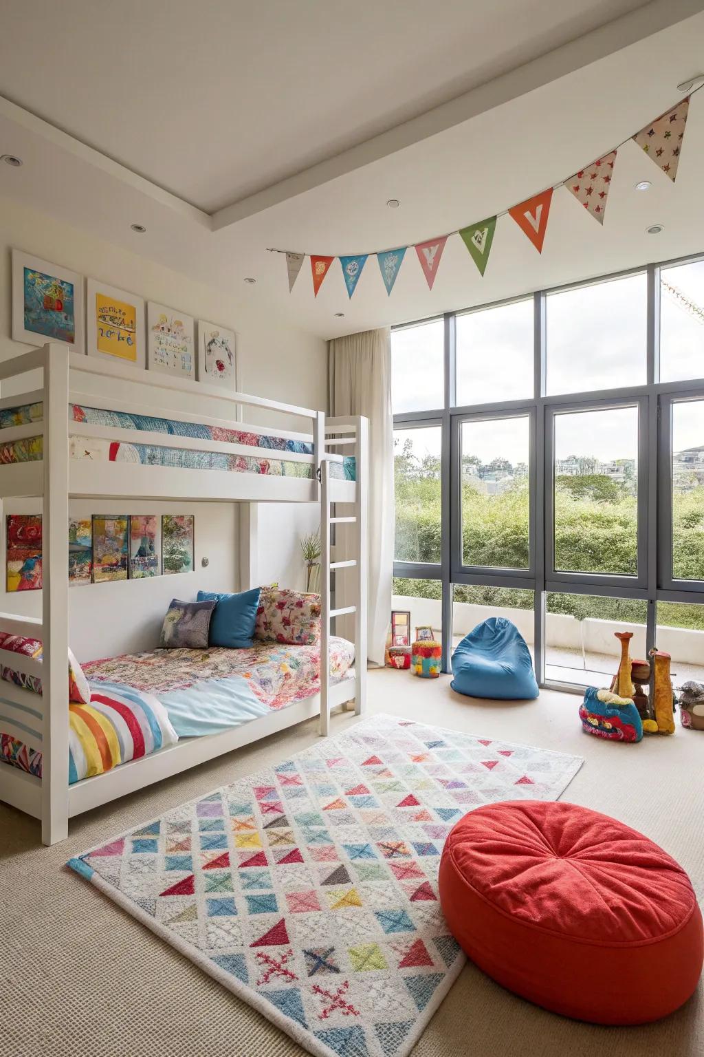 Bunk beds free up floor space, allowing more room for play in a small kids room.