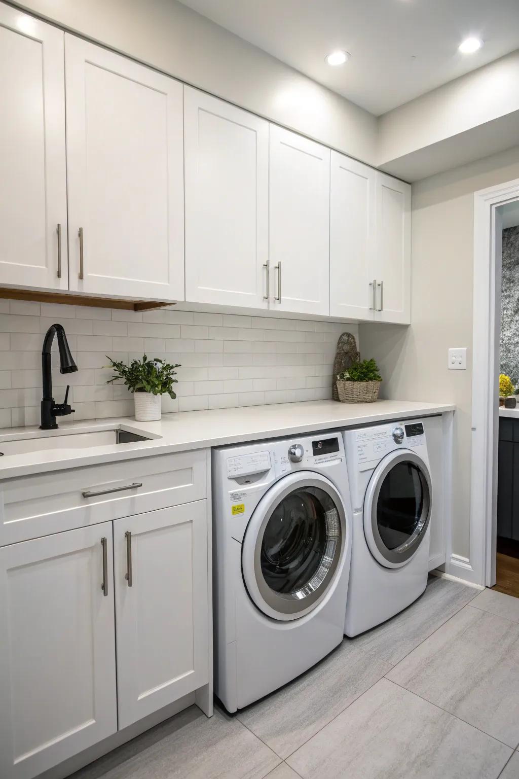 A cozy kitchen showcasing a washer and dryer discreetly placed under the counter for a unified aesthetic.