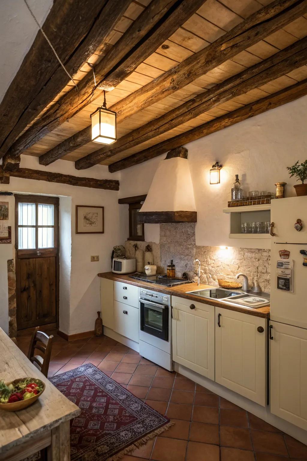 Exposed beams add rustic warmth and a dash of class to smaller kitchens.