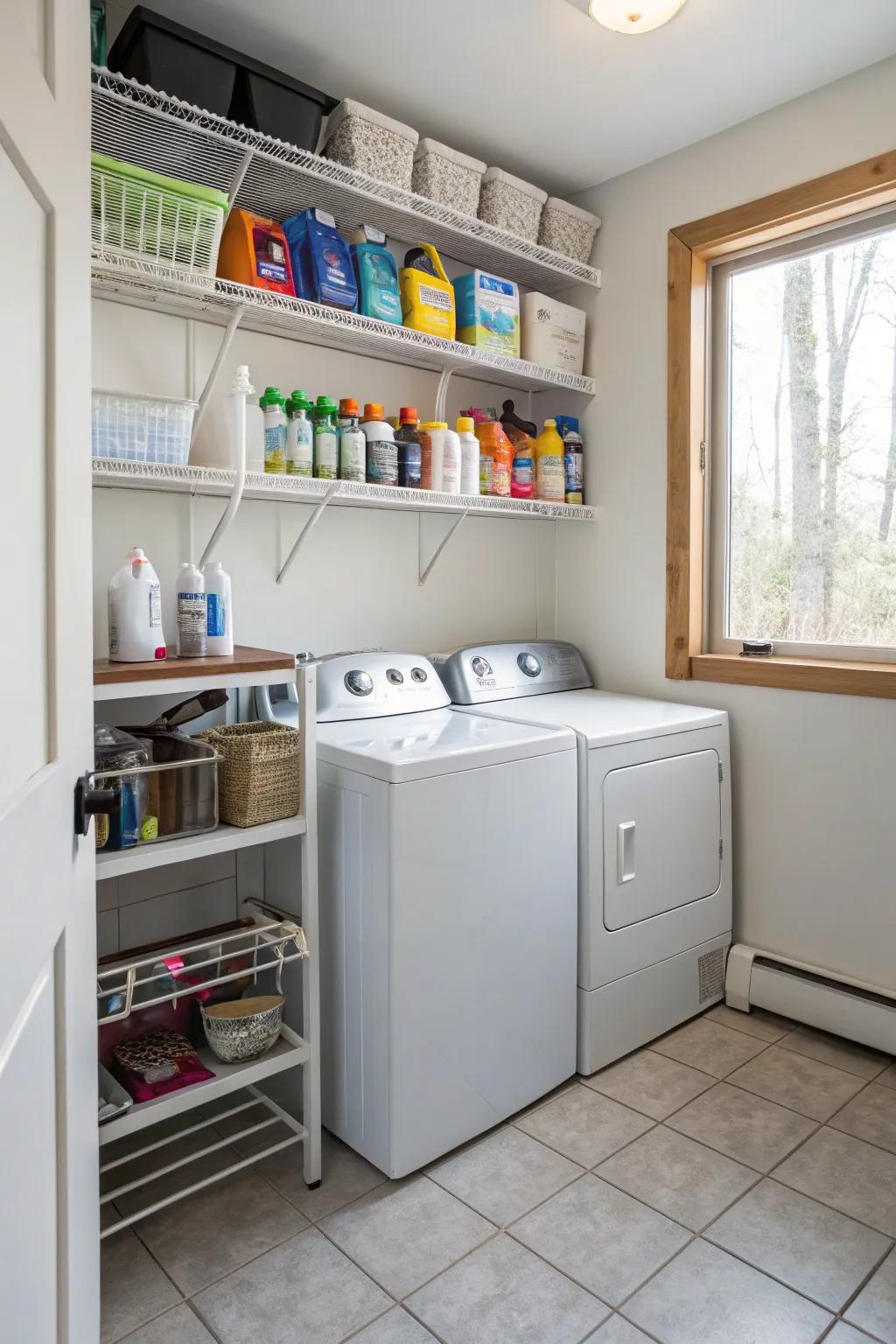 Amplify your available space by utilizing vertical storage options for a pristine laundry area.