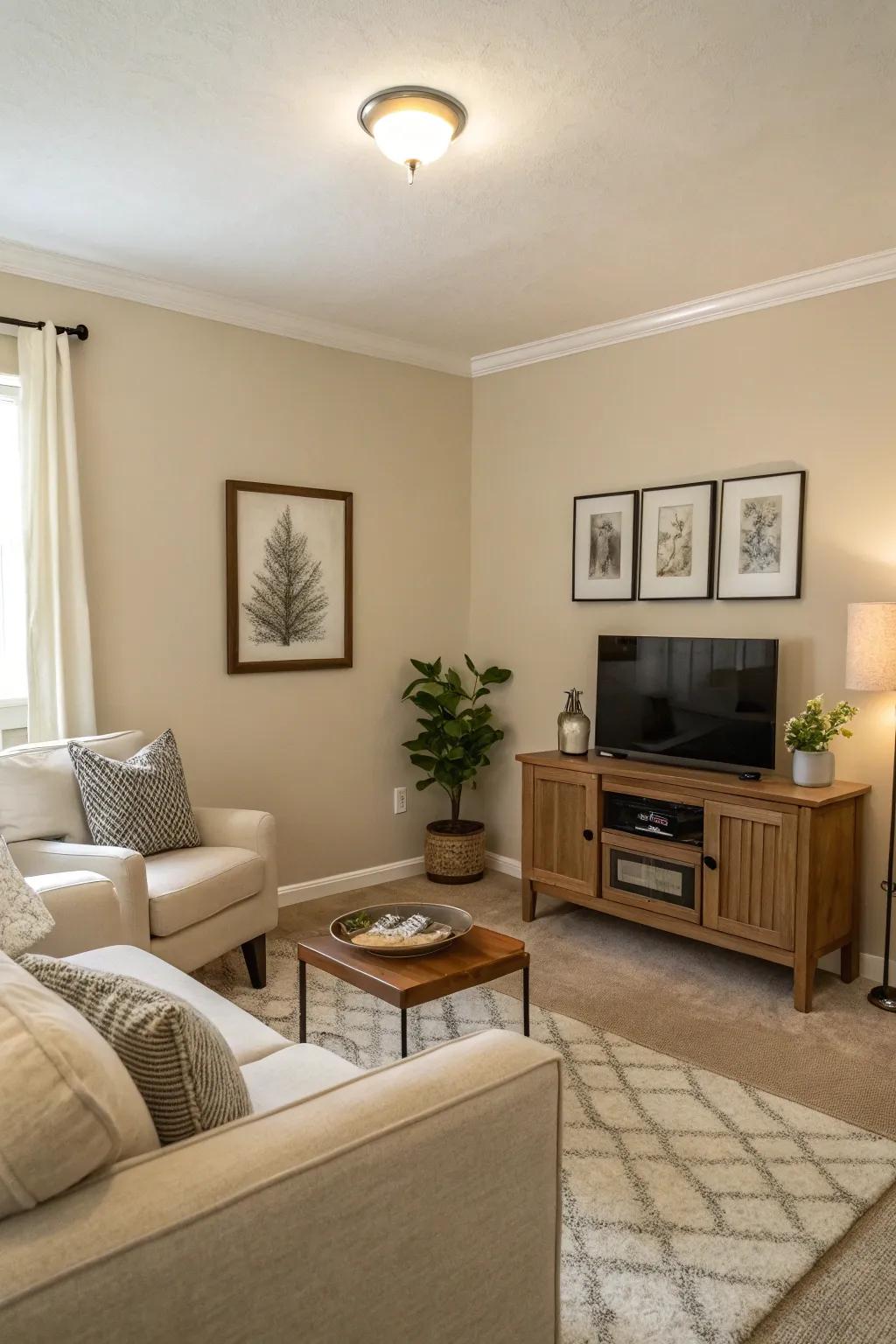 Neutral tones to broaden and brighten the space.