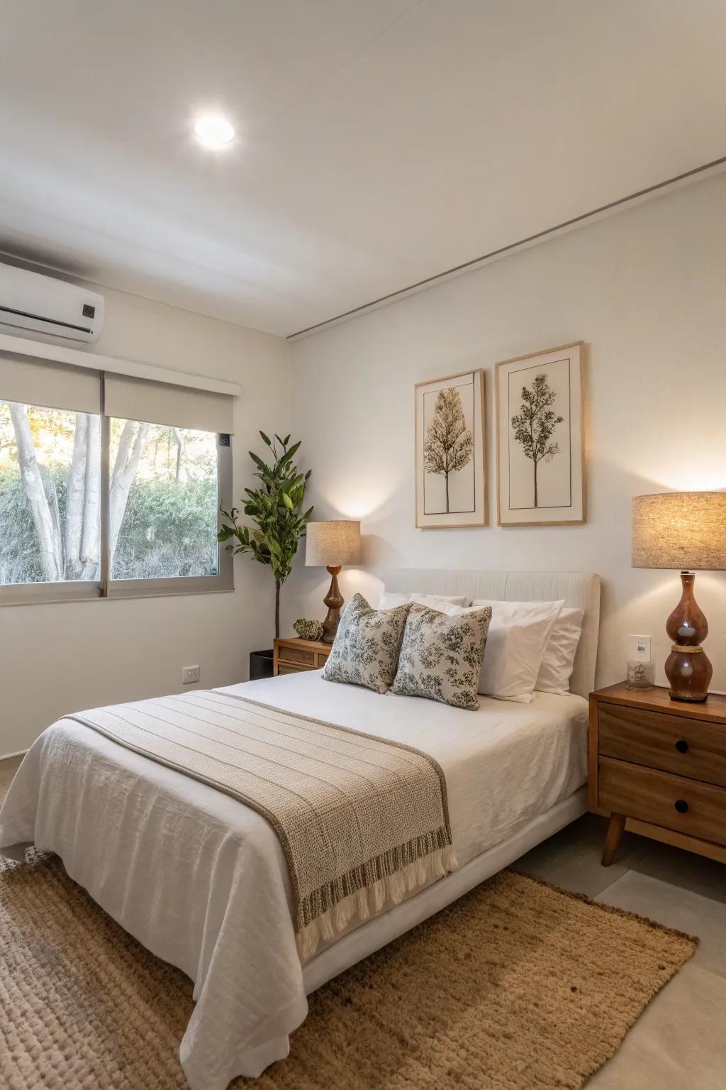 Minimalist decor enhances the sense of space and serenity in a compact master bedroom.
