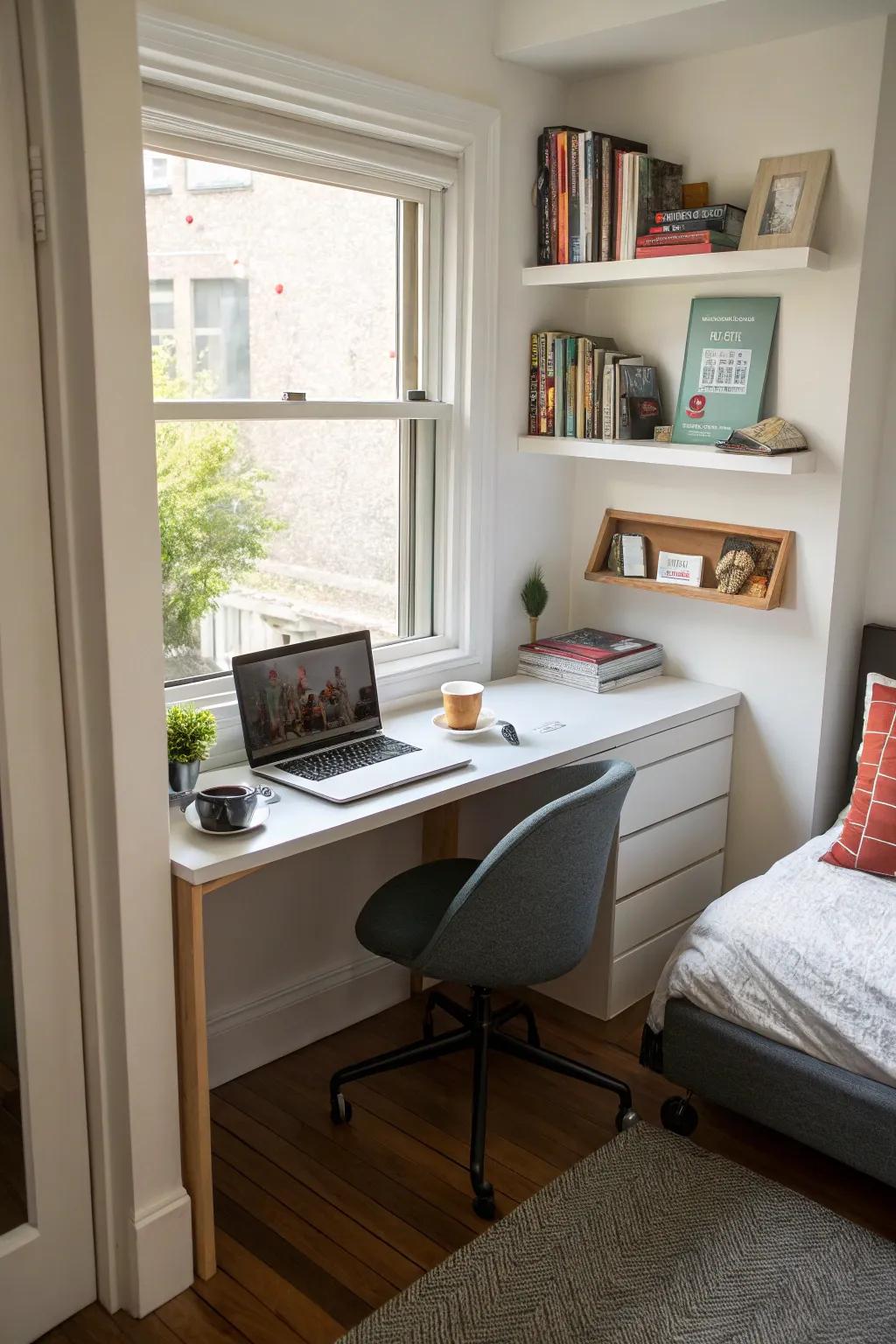 A compact office nook fitting perfectly into a bedroom corner.
