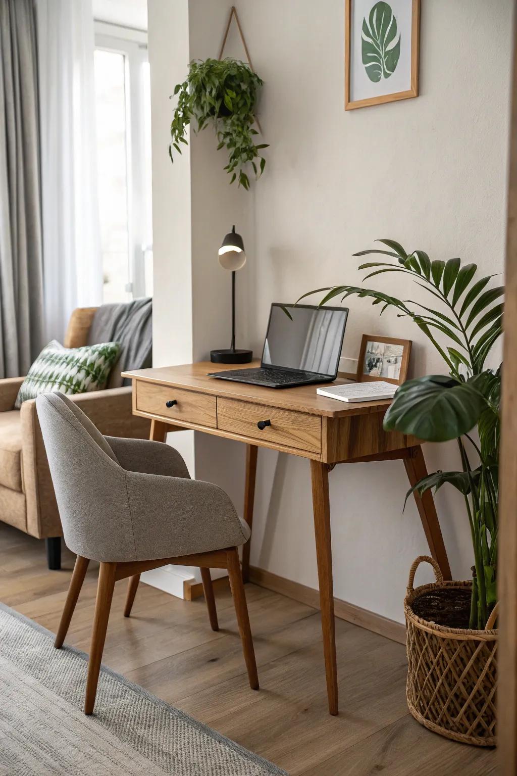 A compact desk can integrate smoothly into your living room corner.