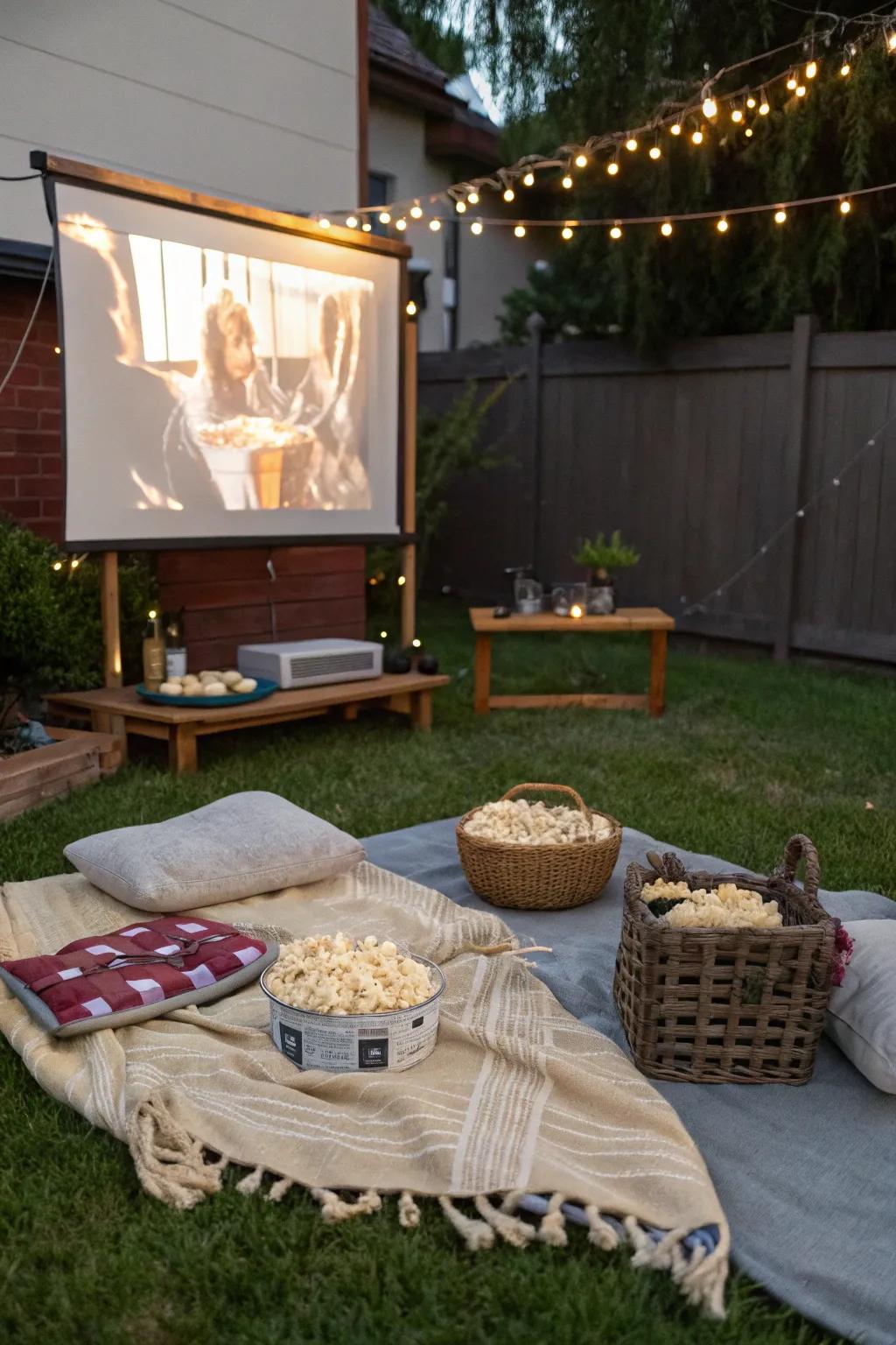 An outdoor cinema arrangement featuring a projector and snug throws.