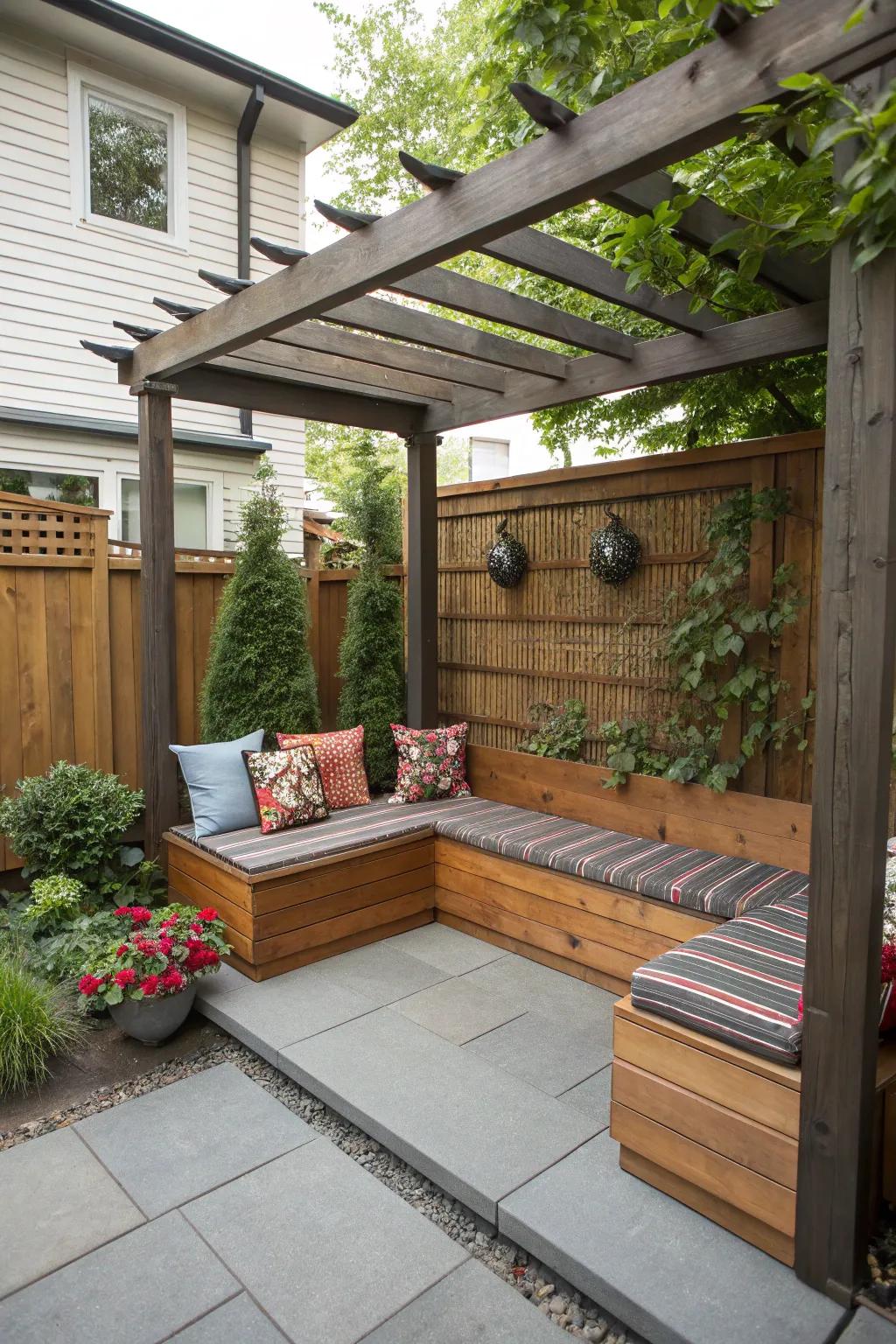 A petite framework featuring built-in seating gracefully elevates a modest patio space.