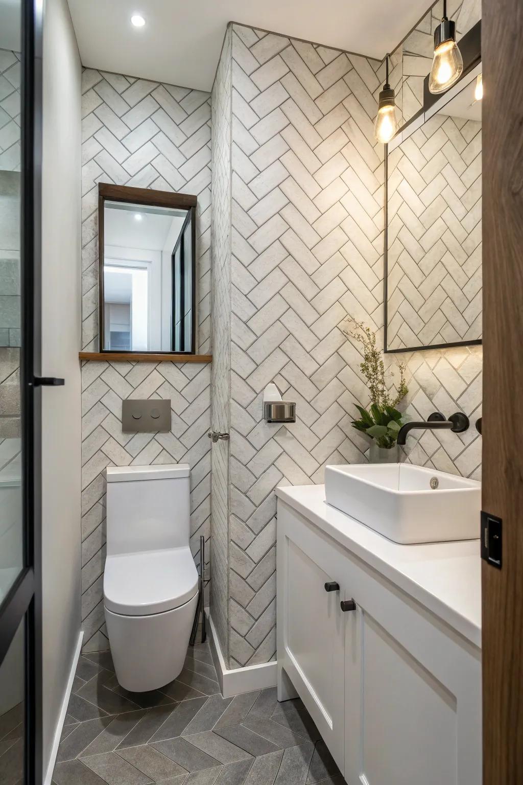 Geometric designs give a vibrant feel to a small washroom.