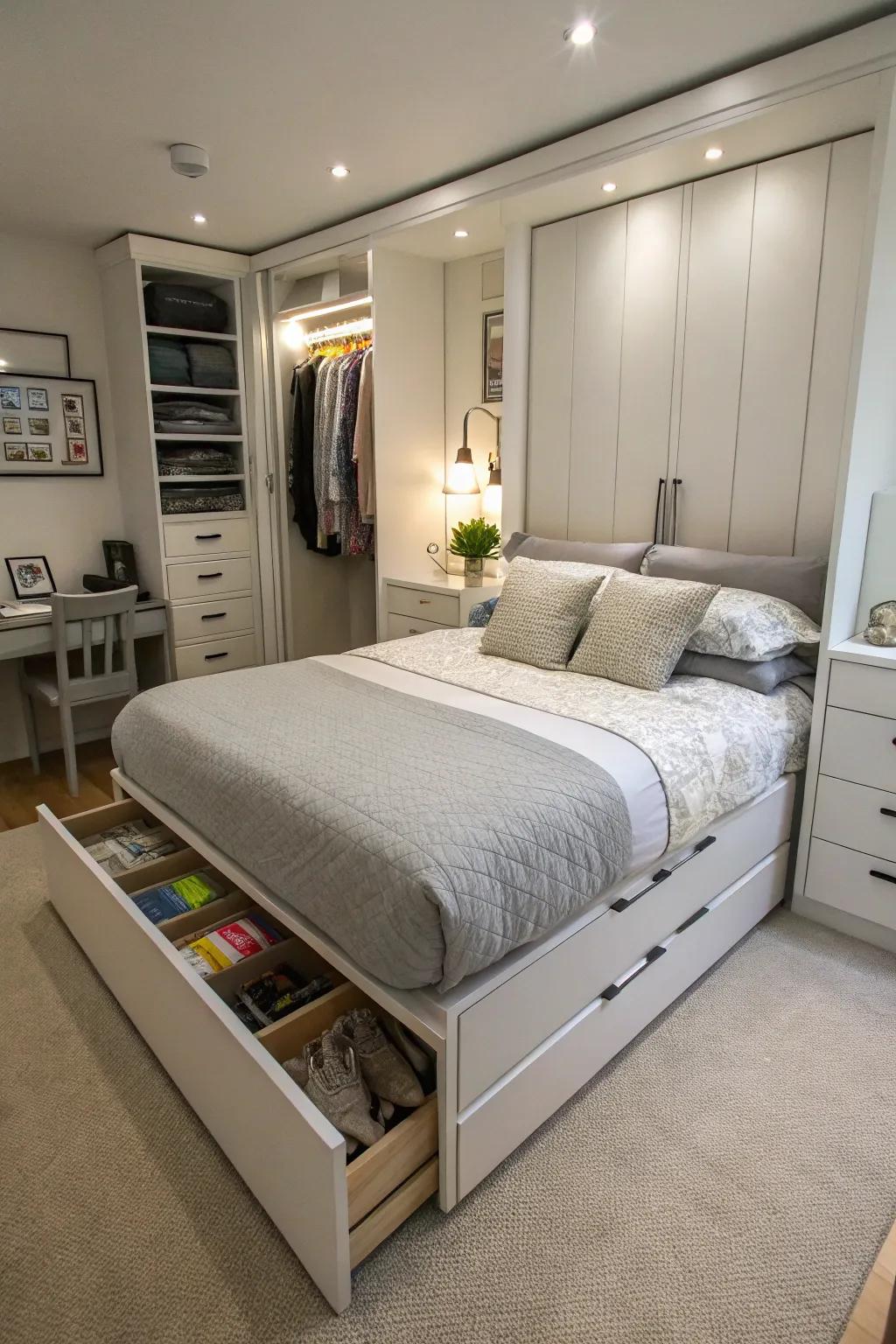 A bed with integrated storage maximizes space in a small room.