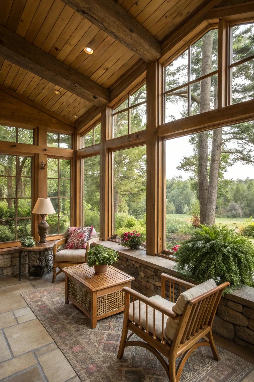 Expansive windows in a country-style solarium create a fluid connection with the outdoors.