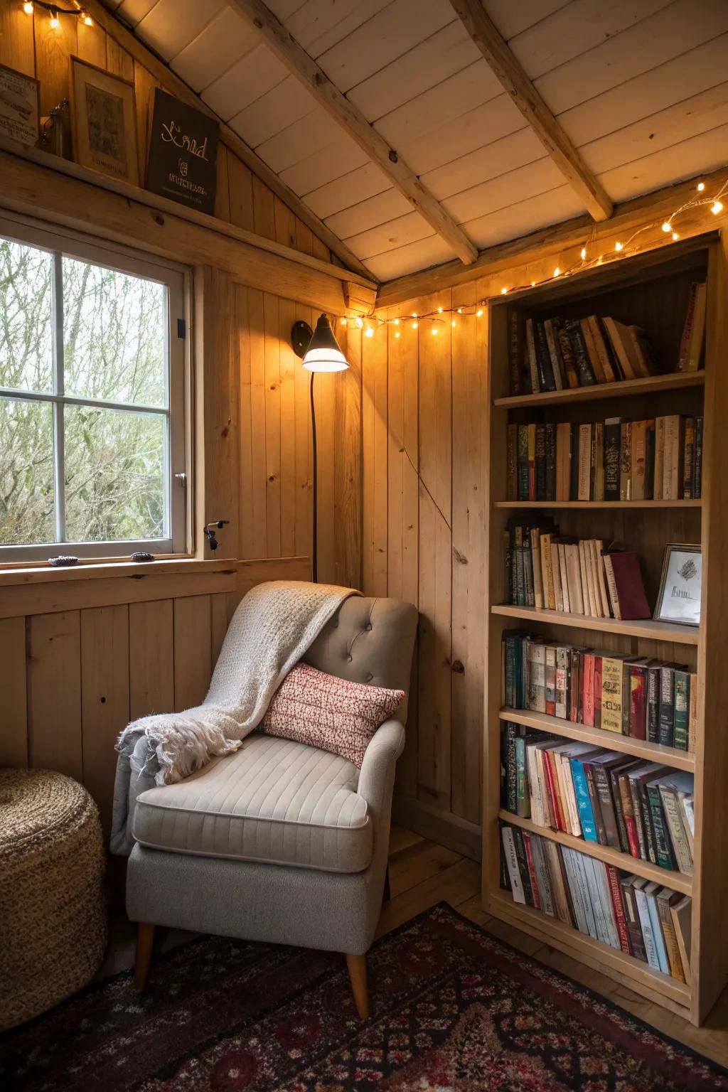 A lovely reading nook inside a small shed, an ideal retreat for book enthusiasts.